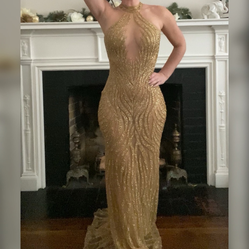 Heavily beaded gold prom dress, formal dress or pageant evening gown - Picture 4 of 7